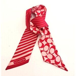 COACH 100% Silk Skinny Scarf Red Stripes/Logo Print Ponytail Bag Wrap
